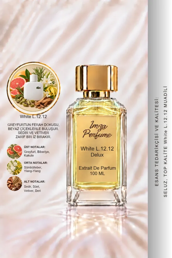 - Delux - Lacoste White L.12.12 Muadili | Greyfurt - Biberiye - Kakule - Sedir Ağacı | Ferah ve Temiz Intense Erkek Delux Parfüm